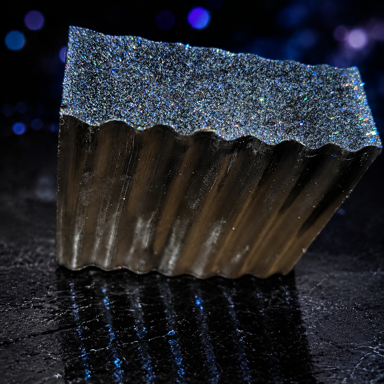 Close-up of Galaxy Glitter black soap with blue silver holographic glitter and fluted sides