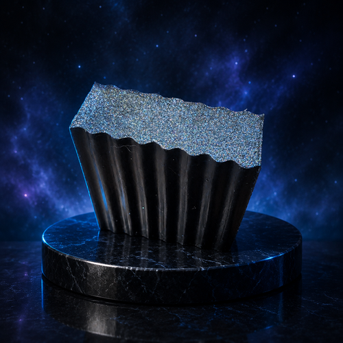 Galaxy Glitter handcrafted black soap with blue holographic glitter on a dark cosmic pedestal